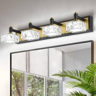 27.56 in. 4-Light Black and Brass Bathroom Vanity Light with Crystal Lampshade Modern Wall Sconce | The Home Depot