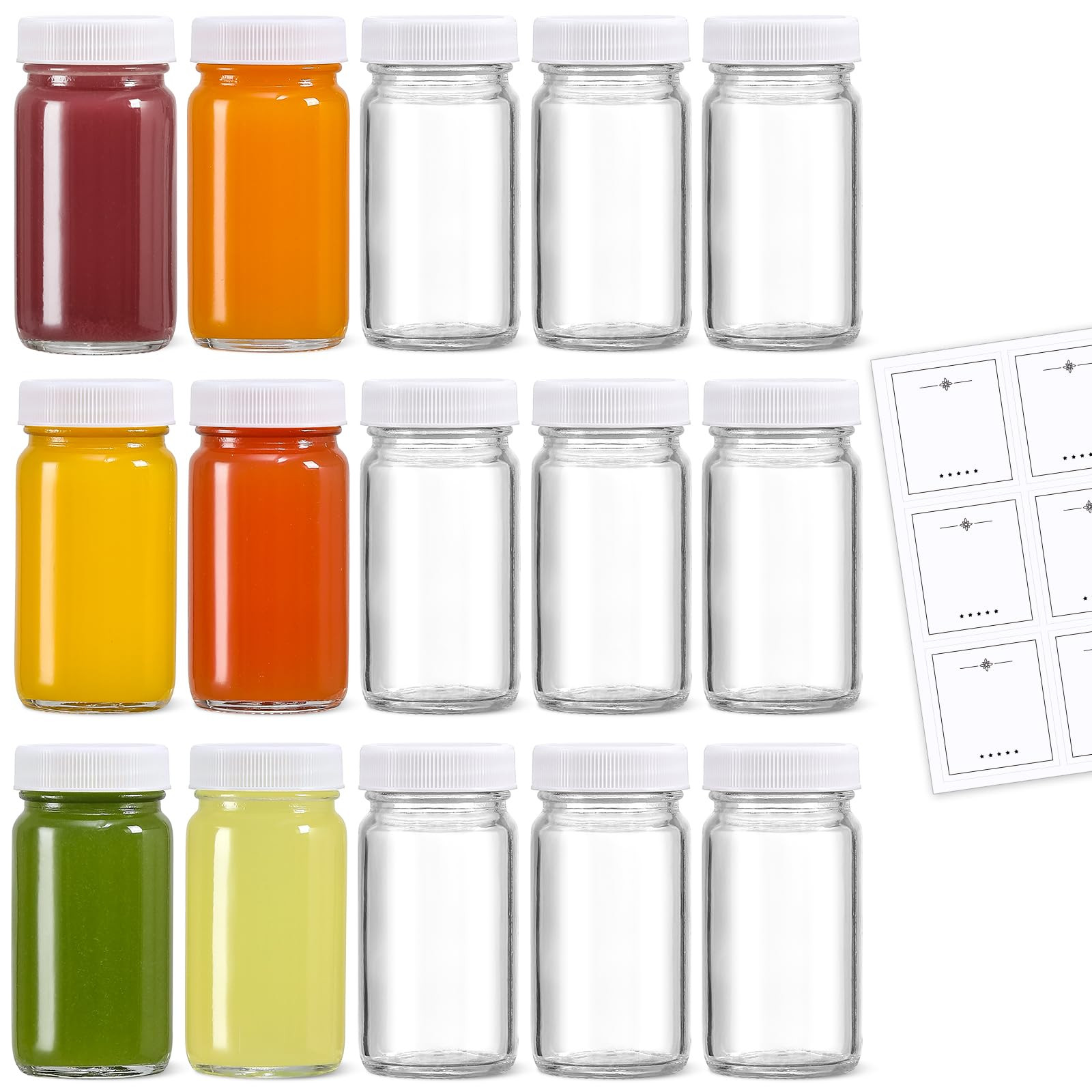 15 Pack 2 oz Glass Shot Bottles w/ White Lids & 15 Labels - Small Clear Jar for Ginger, Wellness ... | Amazon (US)