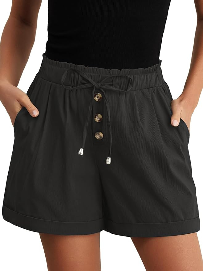 Feiersi Shorts for Women Summer Trendy Drawstring Elastic Waist Beach Wide Leg Short with Pockets | Amazon (US)