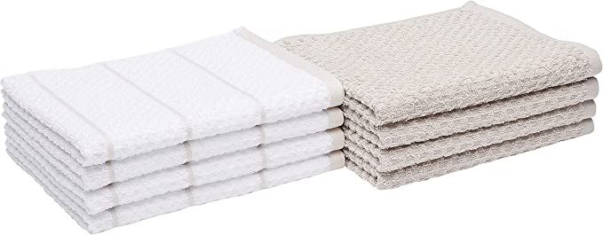 Amazon Basics 100% Cotton Terry Kitchen Dish Towels, Popcorn Texture - 8-Pack, Beige Stripe | Amazon (US)