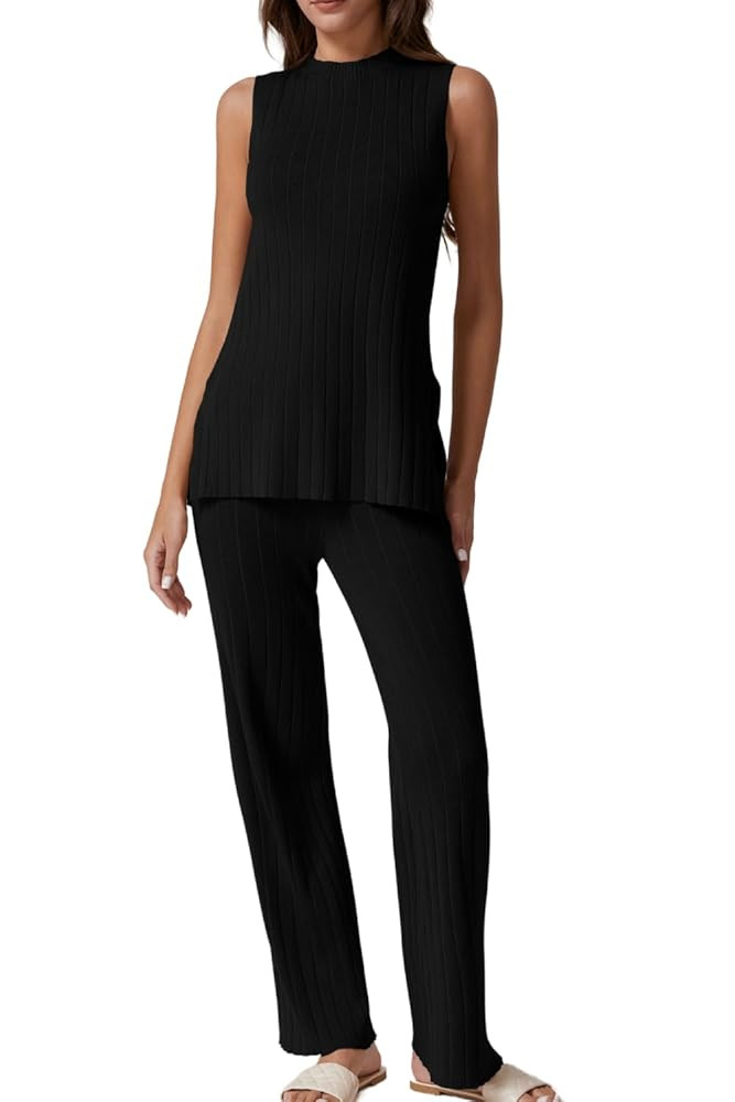 QINSEN Lounge Sets for Women Two Piece Outfits Knit Sleeveless Vented Hemline Tops Wide Leg Pants... | Amazon (US)
