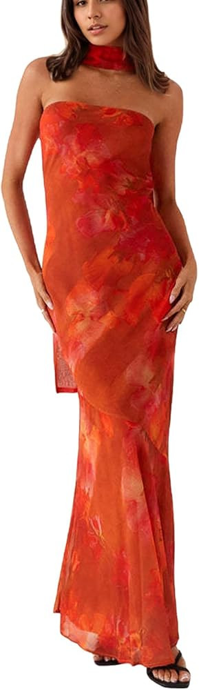 Women Floral Strapless Maxi Dress Sexy Backless Flowy Bodycon Tube Long Dress with Scarf | Amazon (US)