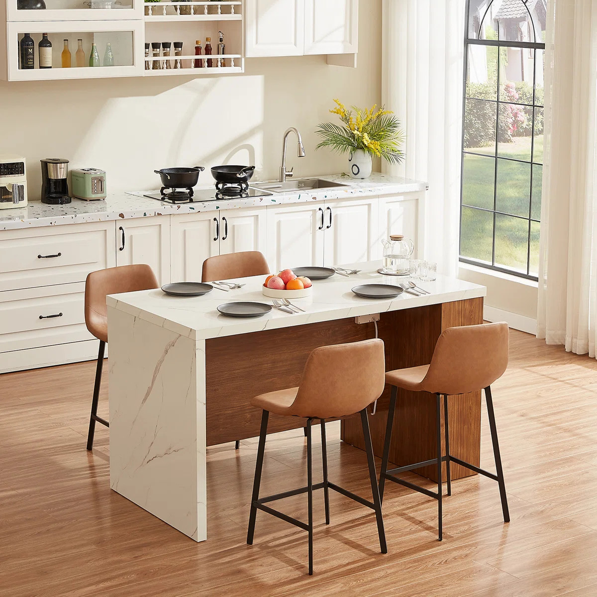 61" Kitchen Island With Imitation Marble Top – Portable Workstation With Storage Shelves, Power... | Wayfair North America