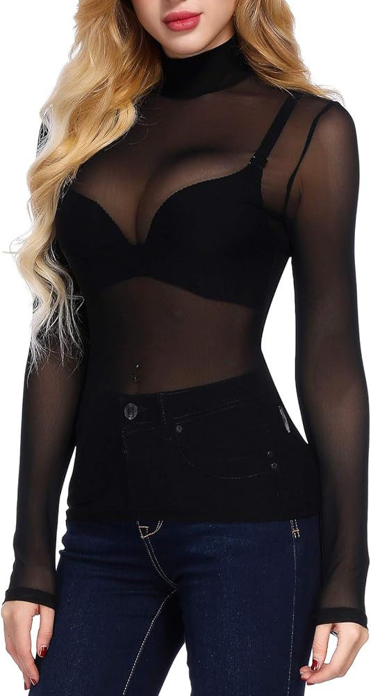 Kate Kasin Women's Mesh Tops Long Sleeve Sheer Blouse Sexy Shirt High Neck Clubwear | Amazon (US)