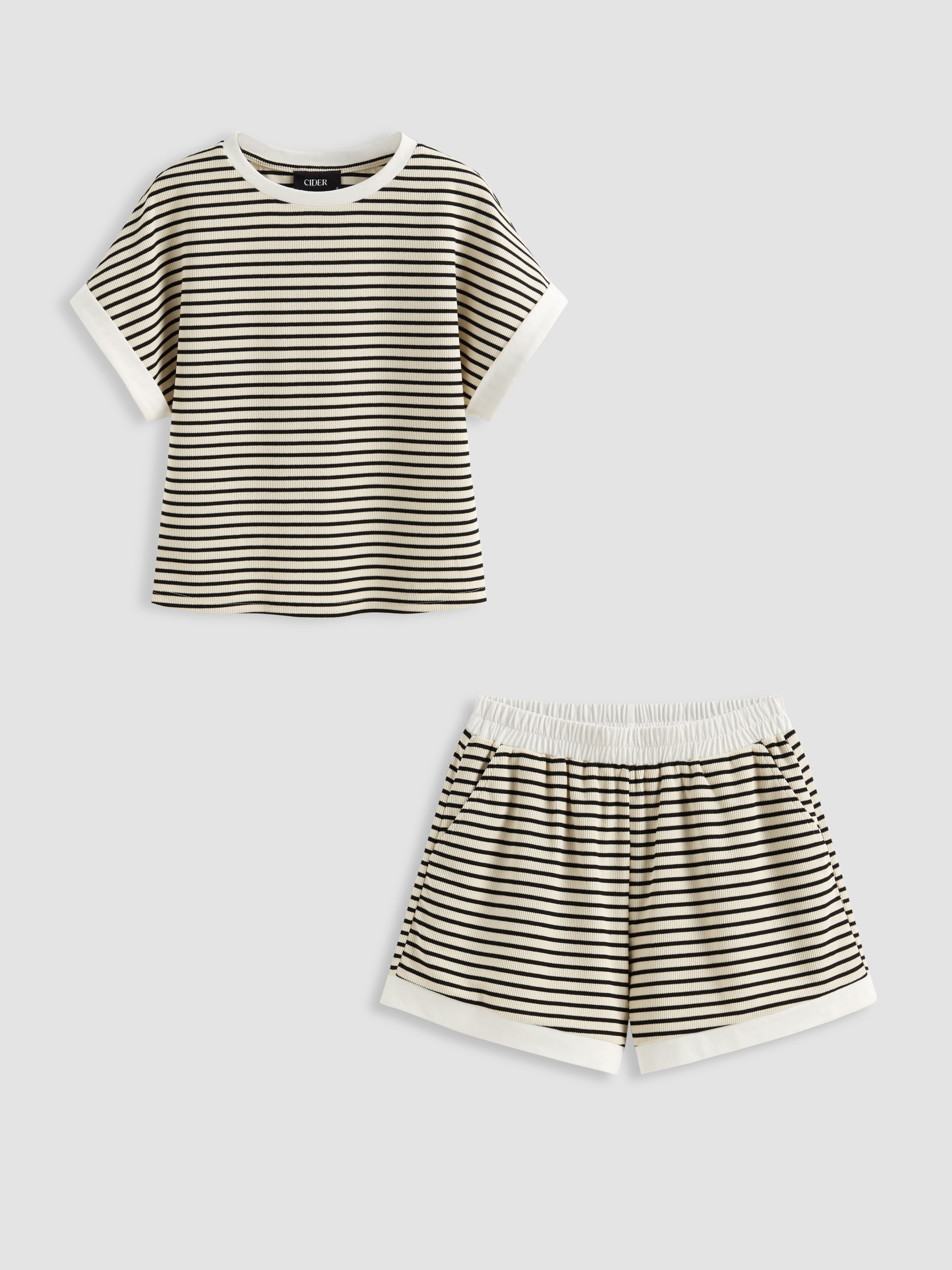 Knit Fabric Cotton-blend Stripe Contrasting Binding Tee & Elastic Waist Shorts Set For Daily Casu... | Cider