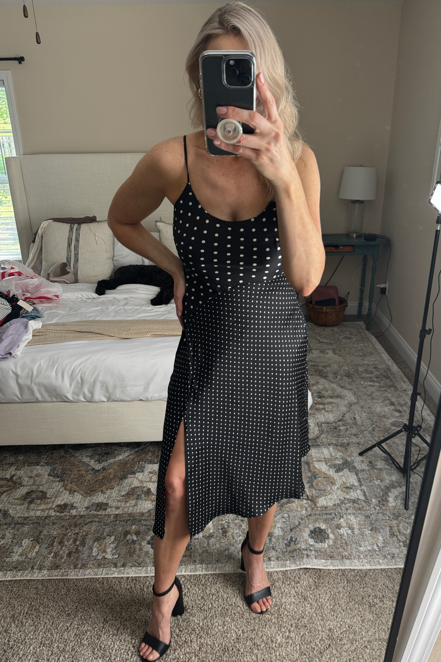 Black with polka dots silk dress and black heels  

#LTKfindsunder50 #LTKshoecrush #LTKxTarget