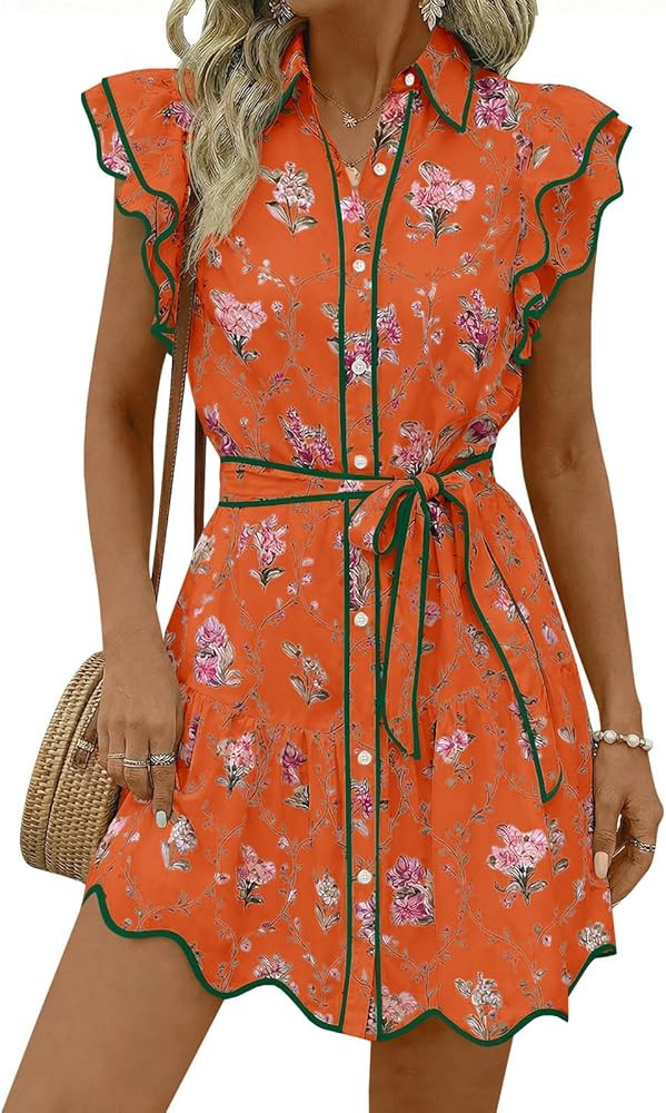 Wenrine Womens Summer Button Down Shirt Dress Casual Collar V Neck Floral Ruffle Sleeve Boho Beac... | Amazon (US)
