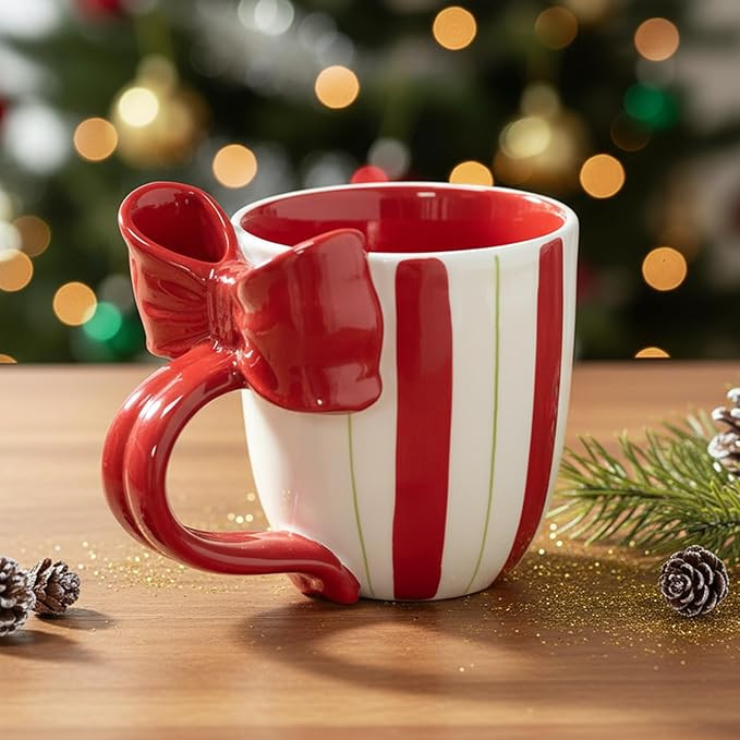Christmas Mugs Ceramic Cute Bow Shape Coffee Mug with Handle Unique Holiday Hot Cocoa Cup Perfect... | Amazon (US)