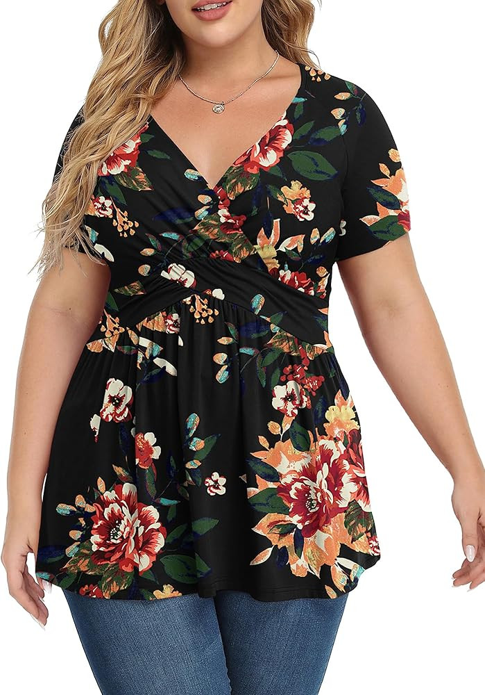 TIANZHU Women's Plus Size Dressy Tops Wrap Shirt Short Sleeve Tunic Top V Neck Low Cut Cute Blous... | Amazon (US)