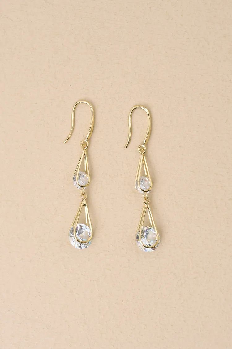 Coveted Glitter Gold Rhinestone Tiered Drop Earrings | Lulus