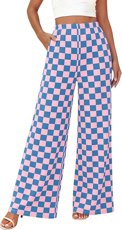 BTFBM Womens Checkered Palazzo Pants Wide Leg High Waisted Pockets Gingham Casual Lounge Pajama T... | Amazon (US)
