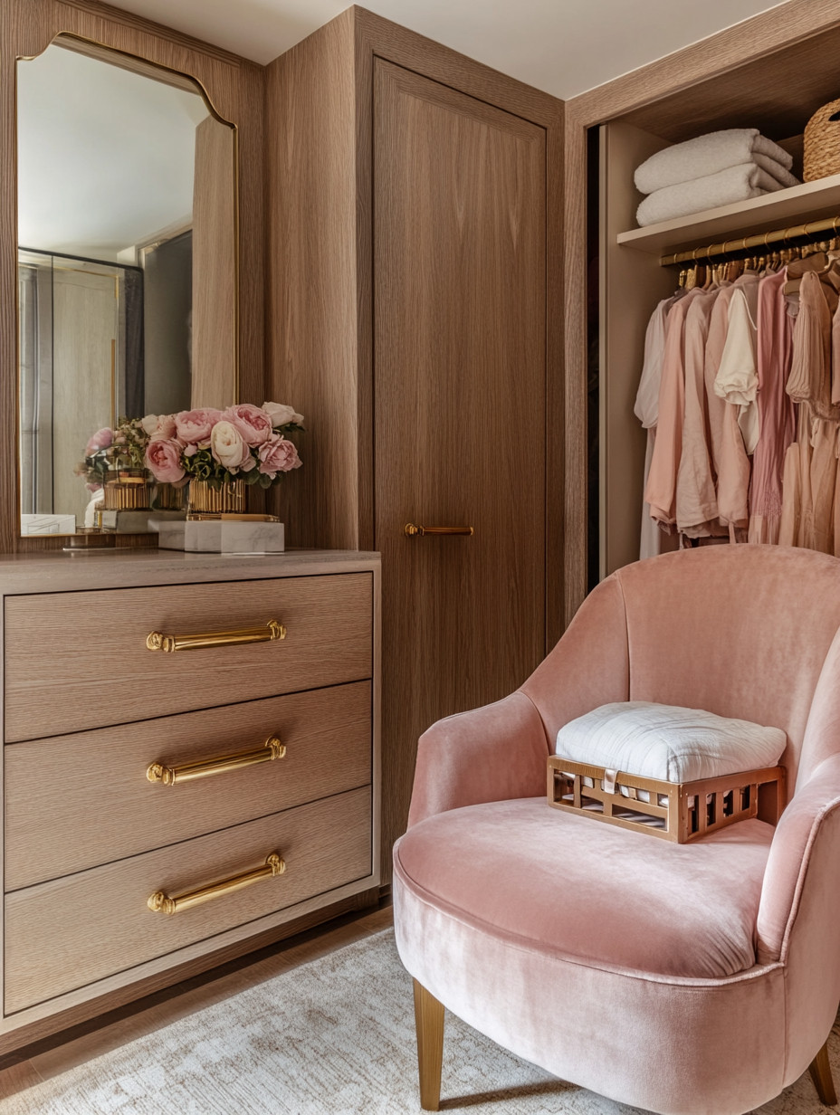 You don’t need a full walk-in closet to create an elegant, boutique-style dressing area at home. This look is built with simple, thoughtful elements: a set of beautiful drawers with gold handles for everyday essentials, a sculptural gold-framed mirror to add light and polish, and a soft pink velvet chair that brings warmth and femininity to the space. If the room allows, add a gold clothing rack or minimal hanging rods to keep your most-worn pieces visible and organized. Whether styled in a corner of your bedroom, a compact closet, or a small walk-in, this setup creates a refined dressing space that feels intentional, functional, and effortlessly luxurious—proof that great design is about styling, not square footage.
#dressingroom #closetdesign #quietluxury 

 #LTKHome