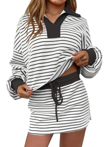 Fisoew Womens Striped 2 Piece Outfits Casual Sweatshirt Skirt Set Long Sleeve Skort Workout Set Matching Lounge Sets | Amazon (US)