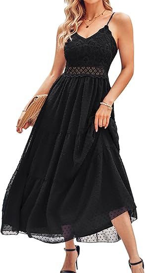 Dokuritu Women's Beach Crochet Lace Maxi Dress Solid Color Summer Vacation Spaghetti Strap Long D... | Amazon (US)