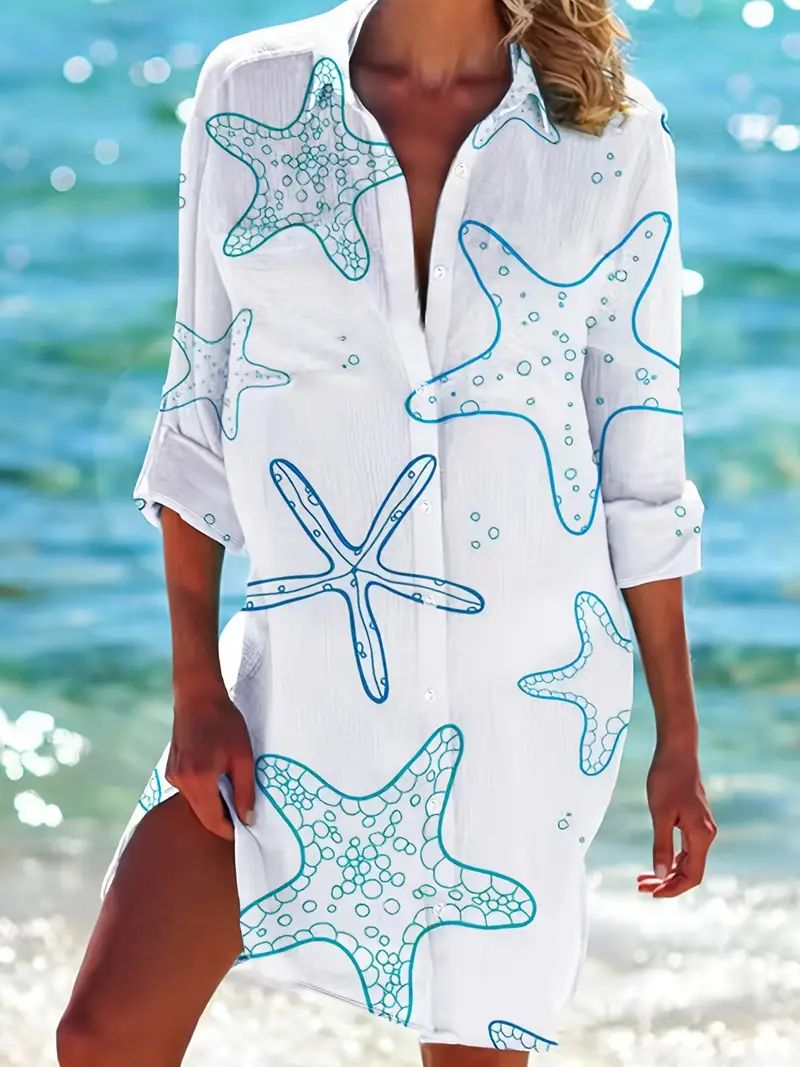 Beach Print Colorblock Button Dress Vacation 3/4 Sleeve - Temu | Temu Affiliate Program