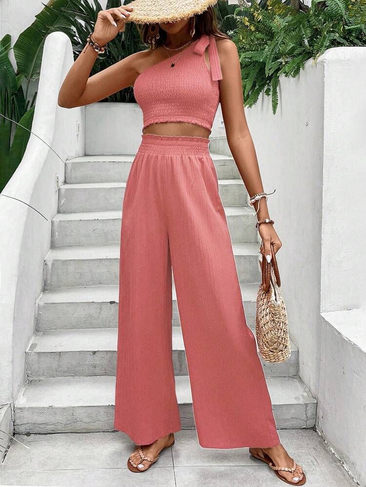SHEIN VCAY Solid One Shoulder Knot Side Crop Top & Wide Leg Pants | SHEIN