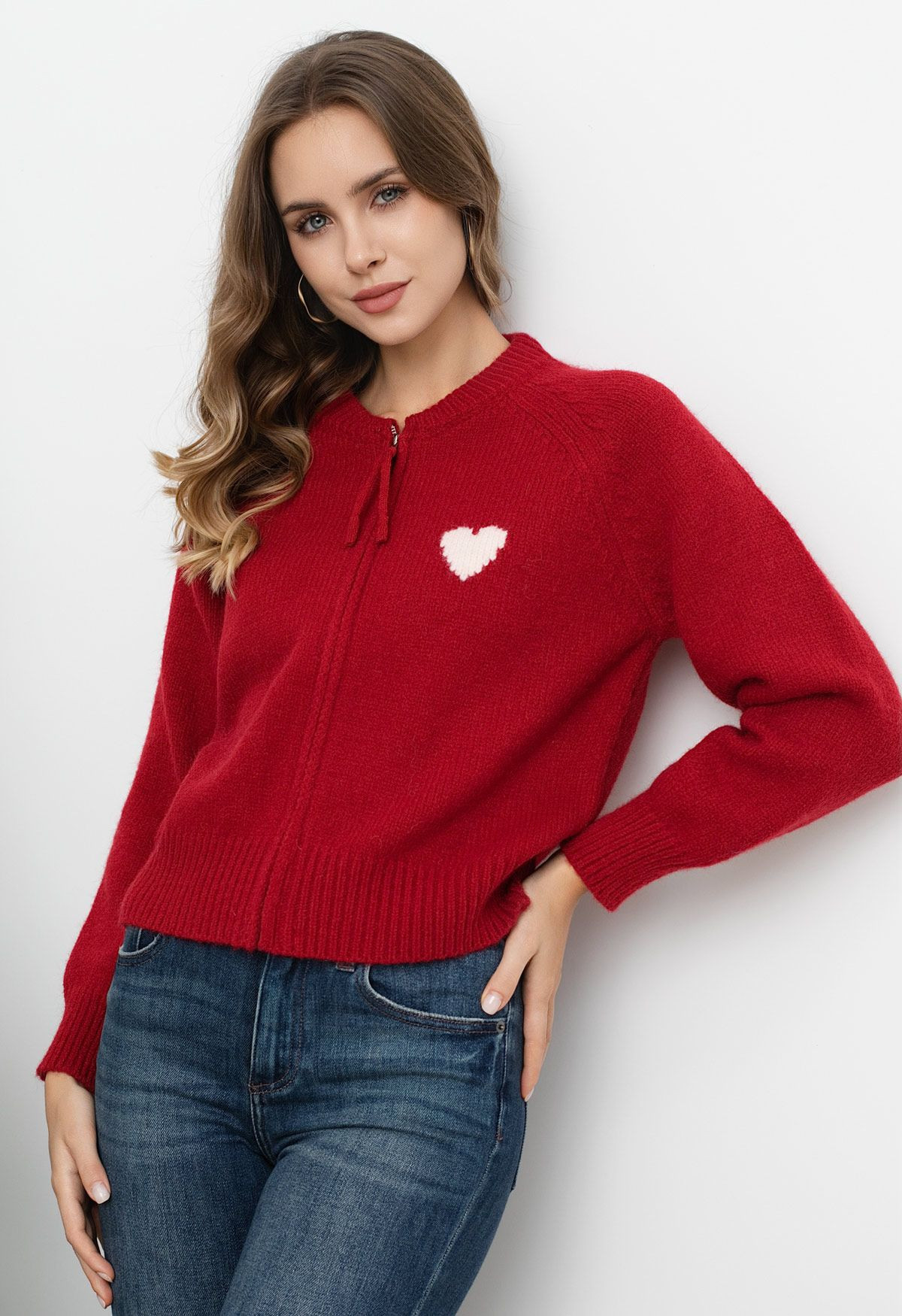 Heart Embellished Zip-Up Crew Neck Knit Cardigan in Red | Chicwish