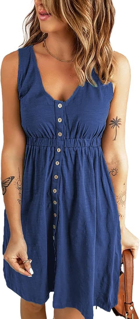 Hount Women's 2023 Casual Summer Sleeveless Dresses Button Down Beach Sundress with Pockets | Amazon (US)