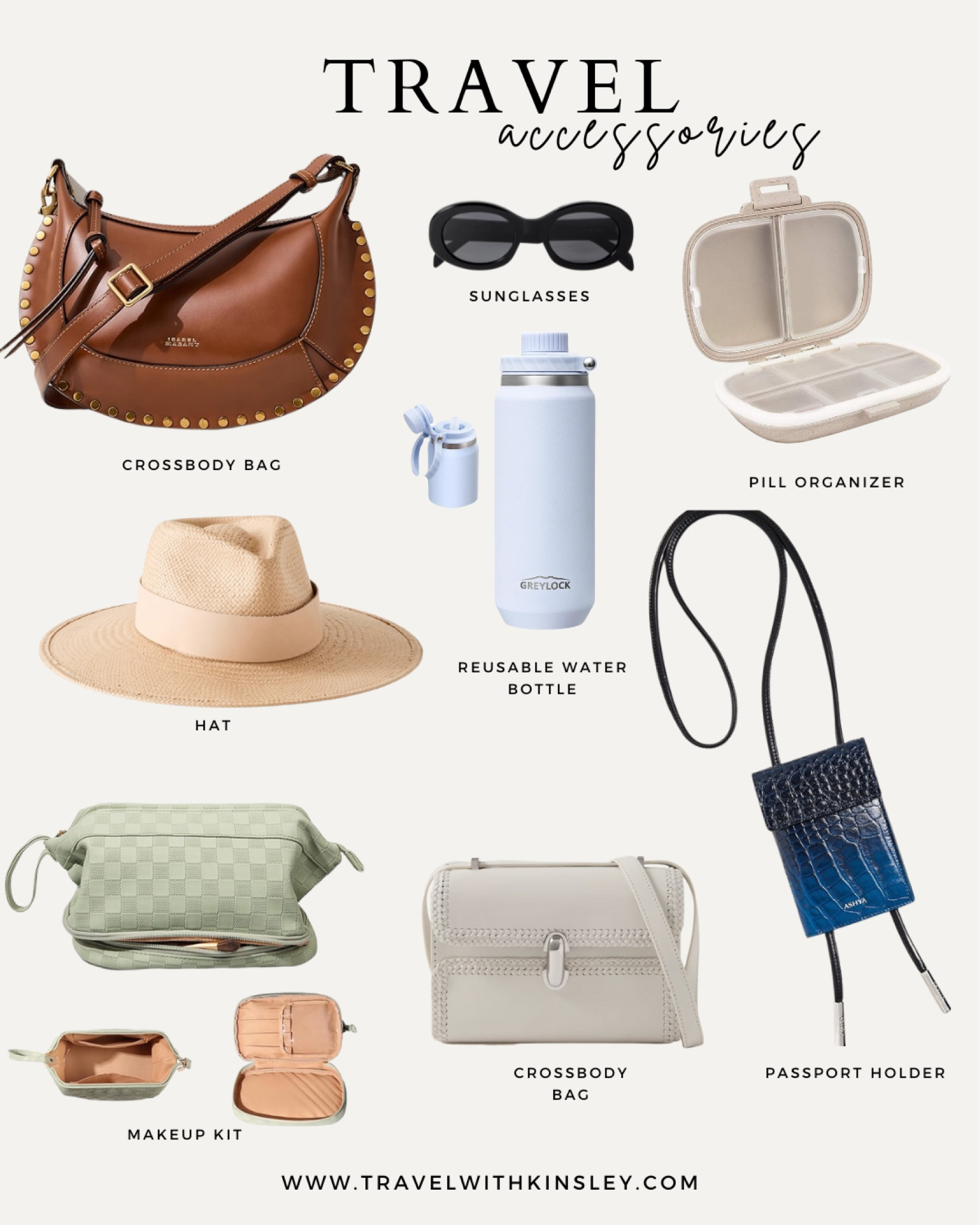 Travel accessories: water bottle, sunglasses, packing cubes, crossbody bag, sun hat, passport holder