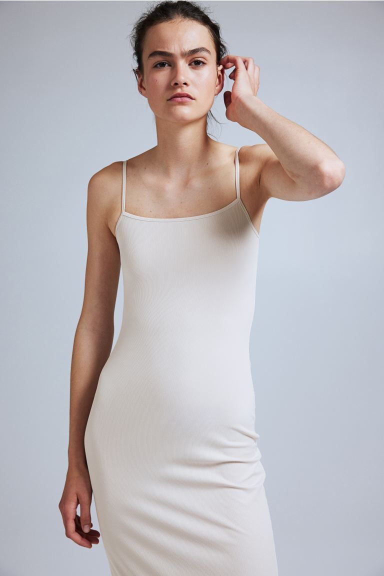 Ribbed Bodycon Dress - Low-cut Neckline - Sleeveless - Light beige - Ladies | H&M US | H&M (US + CA)