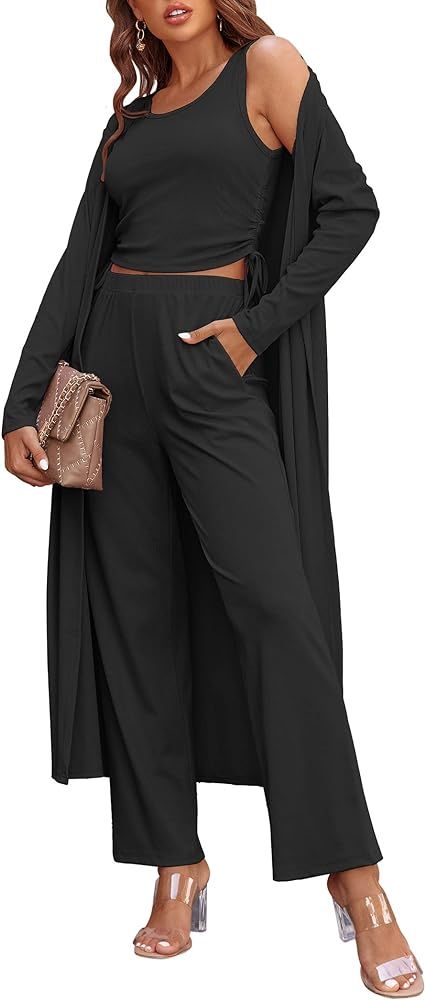 Ekouaer Women's 3 Piece Knit Lounge Set Pajama Long Sleeve Cardigan Sleeveless Top Pants Sweatsui... | Amazon (US)