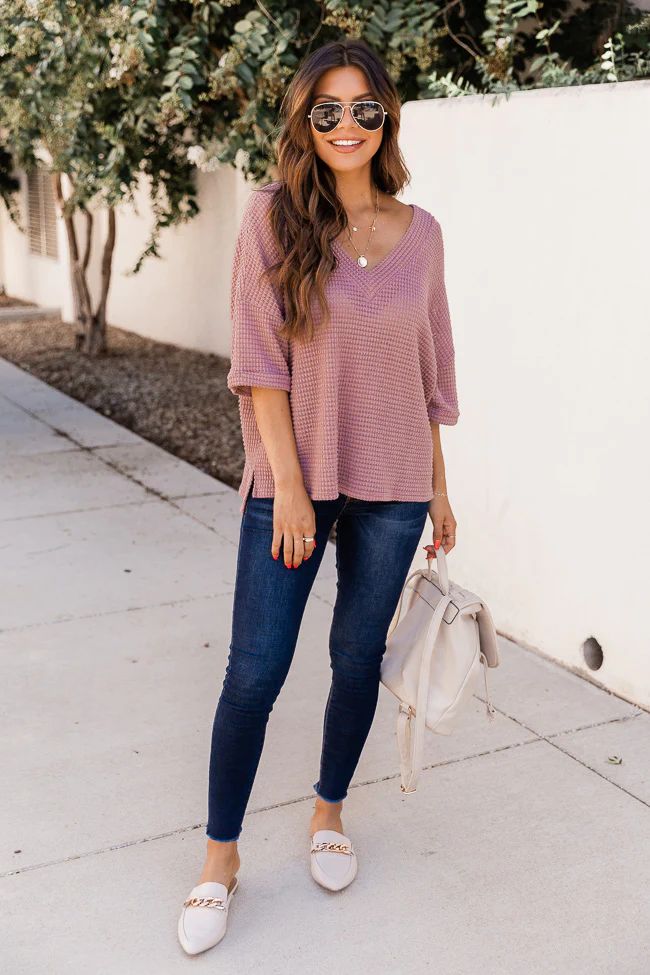 From Out Of Town Waffle Knit Mauve Pullover | The Pink Lily Boutique