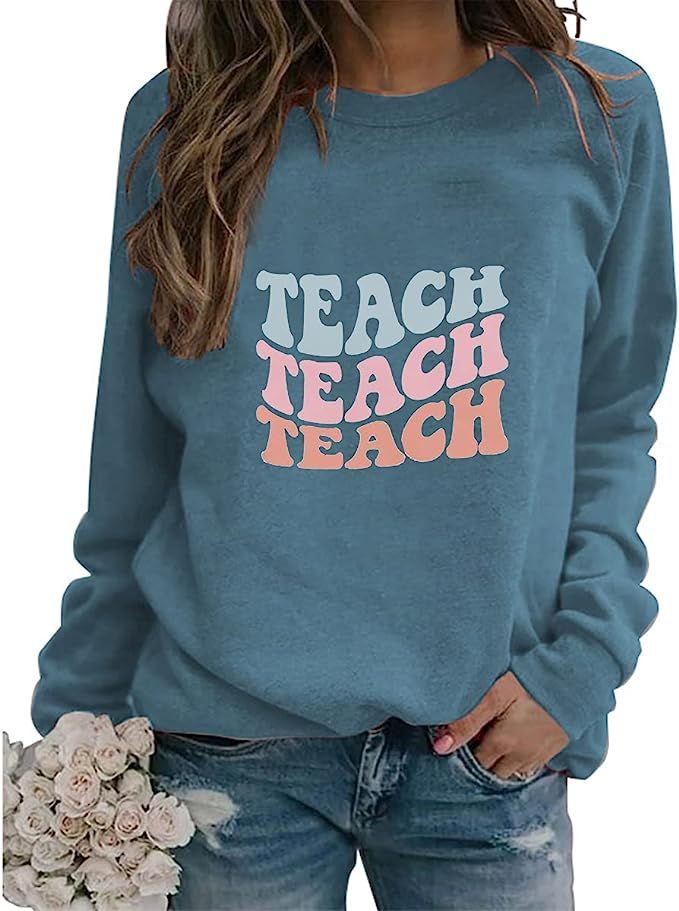 Womens Colorful Retro Teach Sweatshirt Crewneck Long Sleeve Loose Pullover Tops Novelty Shirts Gi... | Amazon (US)