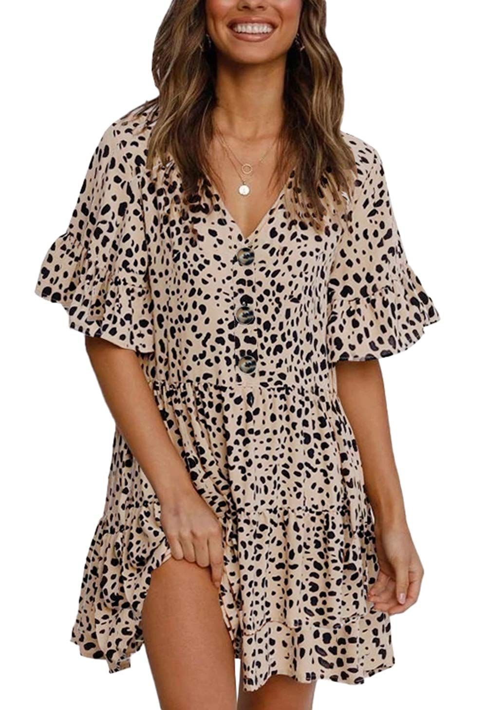 KIRUNDO 2021 Summer Women’s Ruffle Half Sleeves Mini Dress V Neck Leopard Print Loose Ruffle Sh... | Amazon (US)