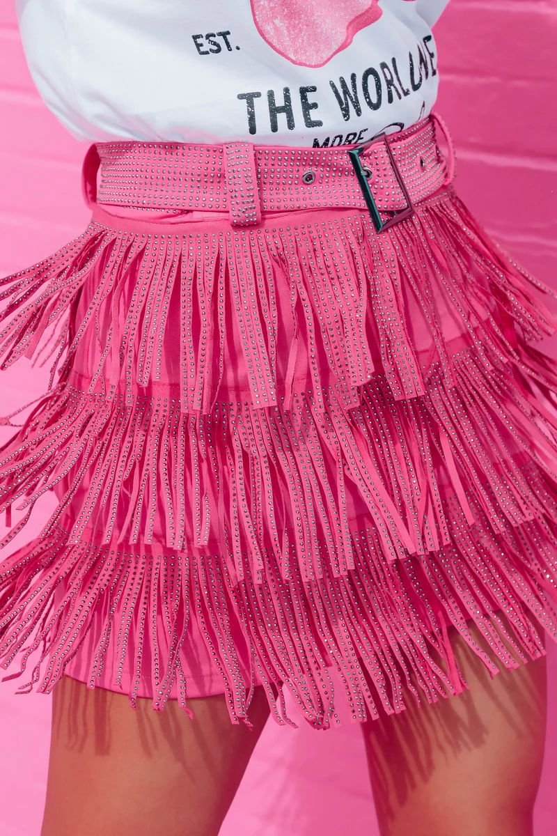 Rhinestone Diva Fringe Mini Skirt - Pink | Whiskey Darling Boutique