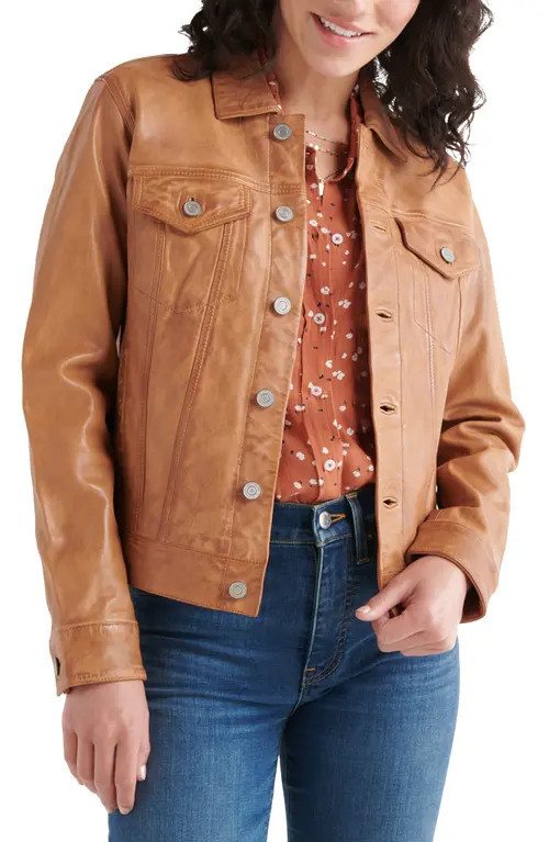Lucky Brand Leather Trucker Jacket in Cognac at Nordstrom, Size X-Small | Nordstrom