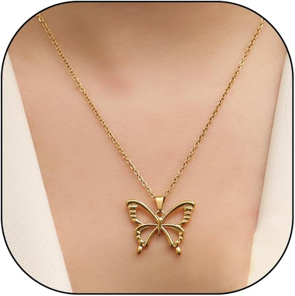 Rrdaily Gold Butterfly Pendant Necklace for Women, Silver Adjustable Thin Chain Necklace Minimalist Metal Insect Jewelry Gifts for Party Prom | Amazon (US)