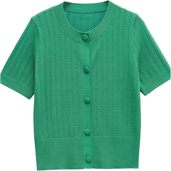 Women Ribbed Knitted Cardigan Round Neck Short Sleeve Single Breasted Slim Hem Jacket Casual Chic... | Amazon (US)