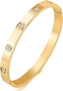 Mocalady Jewelry White Gold Plated Bangle Bracelet Set in Heart CZ Stone Stainless Steel Bangle Brac | Amazon (US)