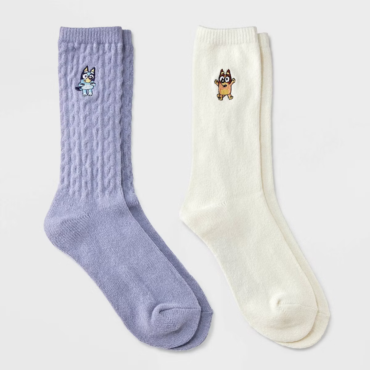 Women's Bluey Super Soft Embroidered 2pk Crew Socks - Purple/Ivory 4-10 | Target