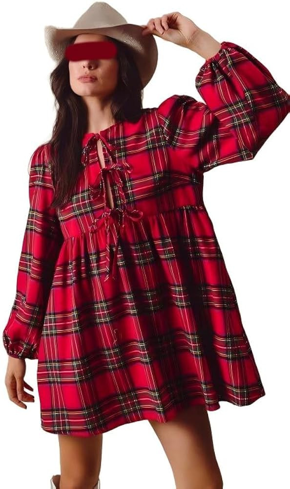 Womens Y2k Christmas Gingham Babydoll Mini Dress Casual Plaid Ruffled Flowy Long Puff Sleeve Crew... | Amazon (US)
