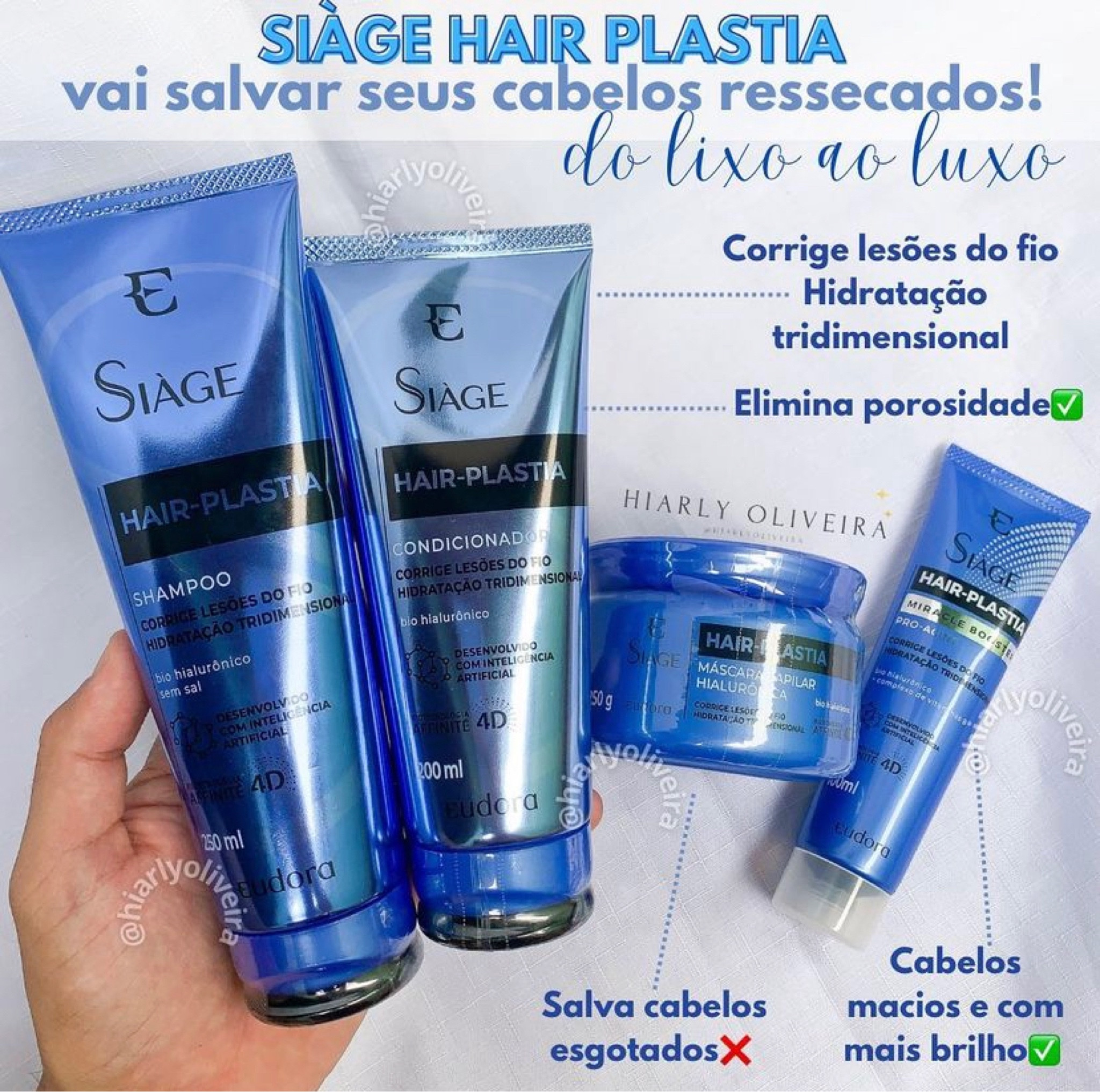 💦 Seu cabelo está nas últimas de ressecado? Esse kit é pra você💦 
Já me segue pra não perder nenhuma dica ✅

A Linha Siàge Hair Plastia é uma linha tecnológica que promove uma plástica capilar, hidratação tridimensional que atinge as 3 camadas do fio, corrige lesões do fio e elimina porosidade. 

Querem mais? 🤌🏼⬇️
·  Melhora a qualidade do cabelo no 1° uso;
·  Fios mais encorpados na 1° aplicação;
·  Age de dentro para fora preenchendo a fibra capilar;
·  Cabelos extremamente macios e brilhantes.

⚠️Pode ser usada por todos os tipos de cabelos que precisem de hidratação profunda💦 inclusive as crespas e cacheadas🤌🏼