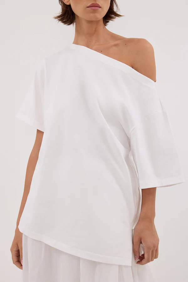 ESME WHITE ASYM BOAT NECK TEE | DISSH
