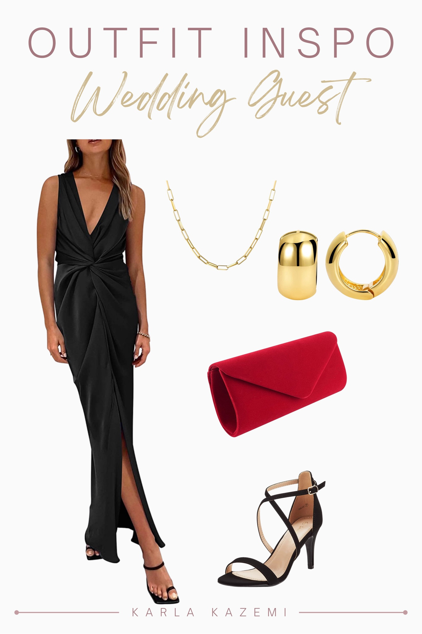 black dress red heels wedding guest Black Dress with Red Shoes and Bag