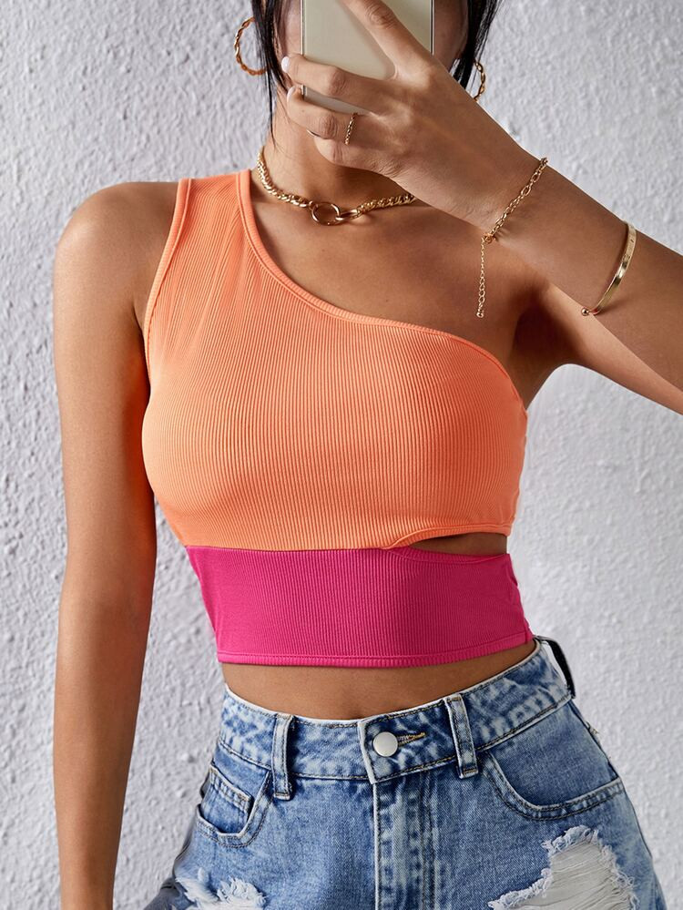 Two Tone One Shoulder Cut Out Top | SHEIN