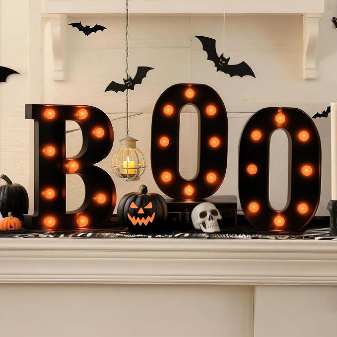 Halloween Decorations Indoor – “Boo” LED Marquee Light Up Letters Sign, Vintage Gothic Hall... | Amazon (US)
