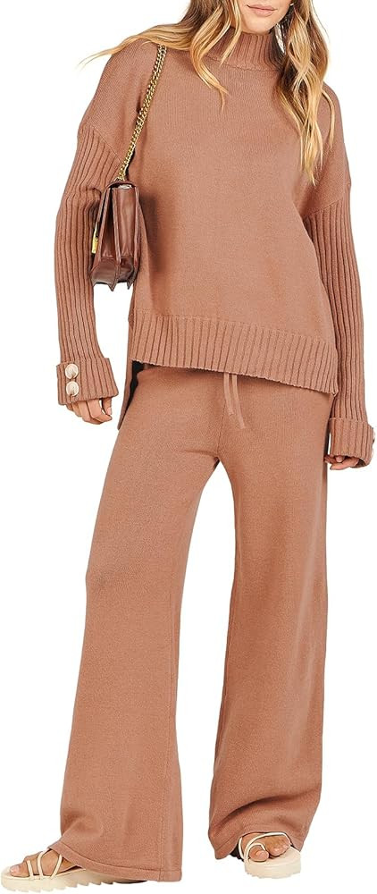 ANRABESS Women's 2 Piece Outfit Sweater Lounge Sets Long Sleeve Knit Pullover Wide Leg Pant Track... | Amazon (US)