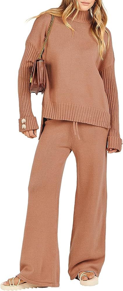 ANRABESS Women's Two Piece Outfits Sweater Sets Long Sleeve Knit Pullover and Wide Leg Pants Lounge  | Amazon (US)
