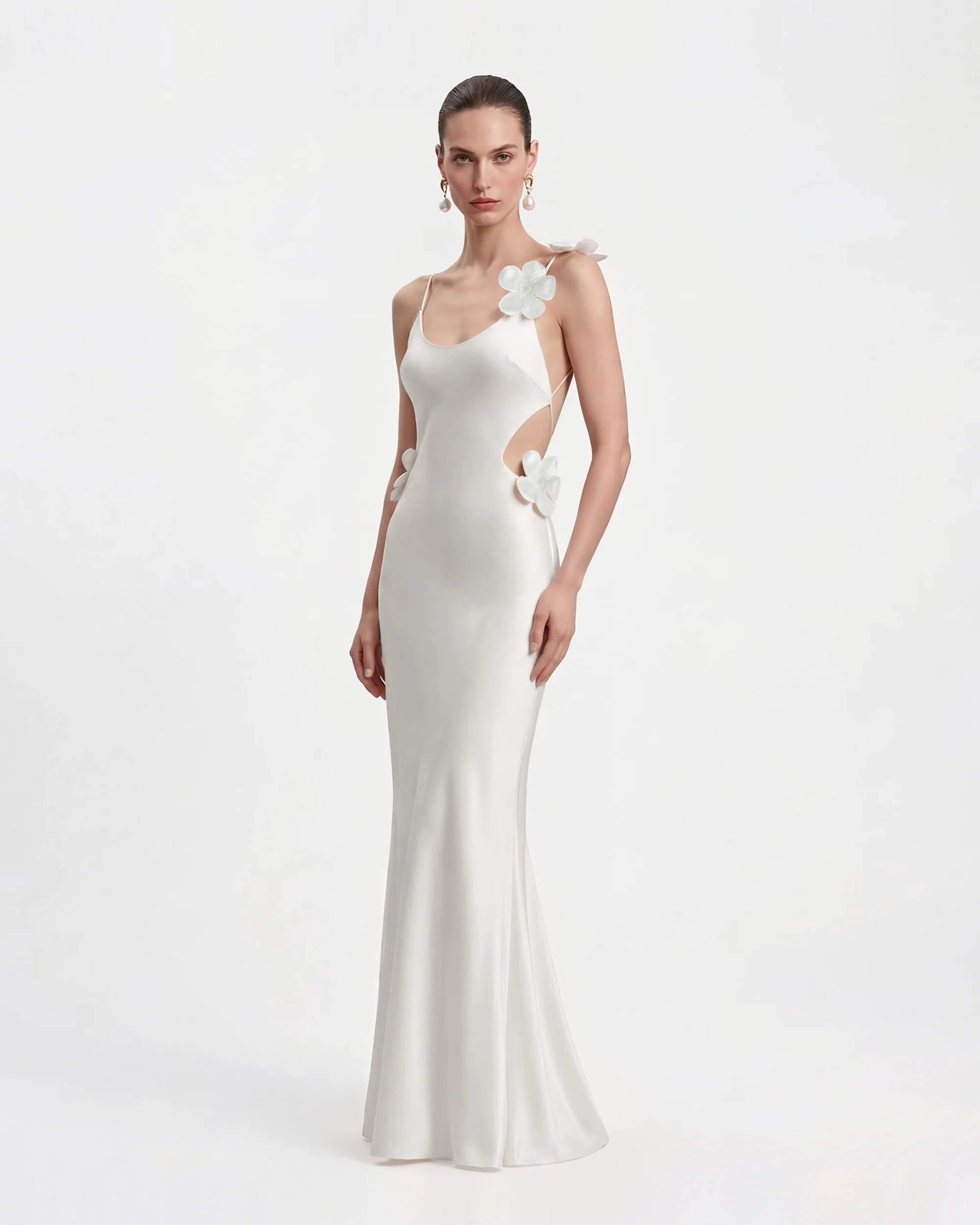 3D Floral Appliqué Satin Dress - White | JW PEI US