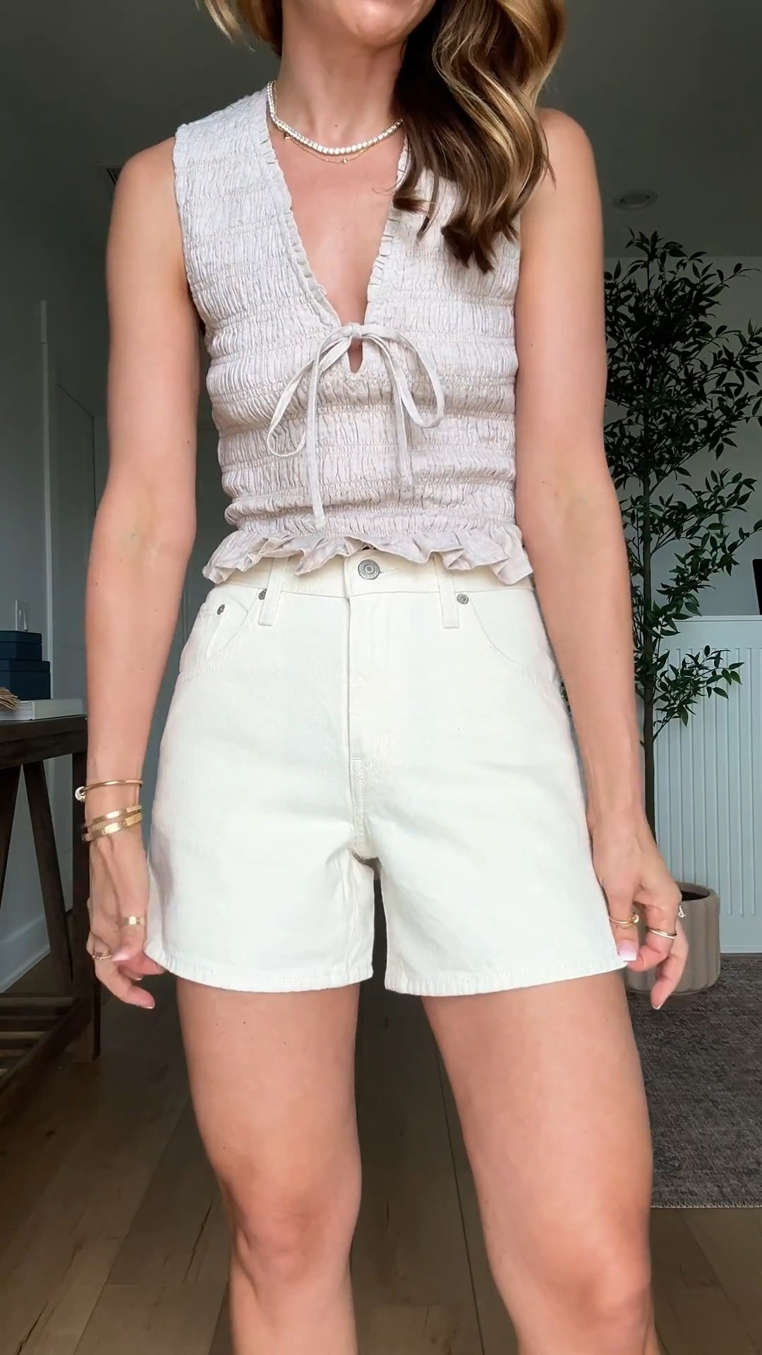 Everyday outfits. Summer outfits. Vacation outfits. Mom outfits. Denim shorts. Casual outfits. Elevated casual. Levi mid thigh cinch shorts in size 24, colors is ‘blank impact’. These have a 5” inseam. You can snap the sides to eliminate any waist-gap you might have. Shoes TTS. Smallest size in tops.

#LTKootd #LTKTravel #LTKgrwm