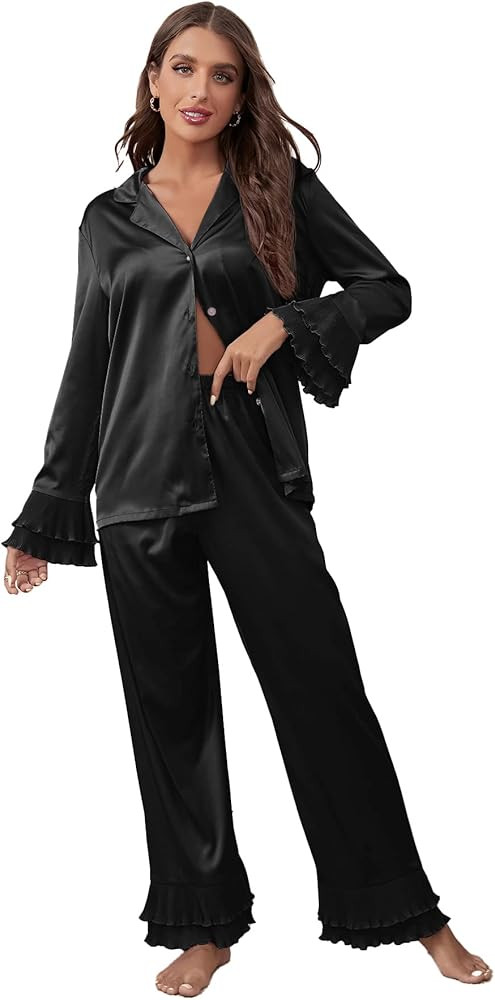 Verdusa Women's Satin Notch Collar Blouse and Ruffle Hem Pants PJ Set | Amazon (US)