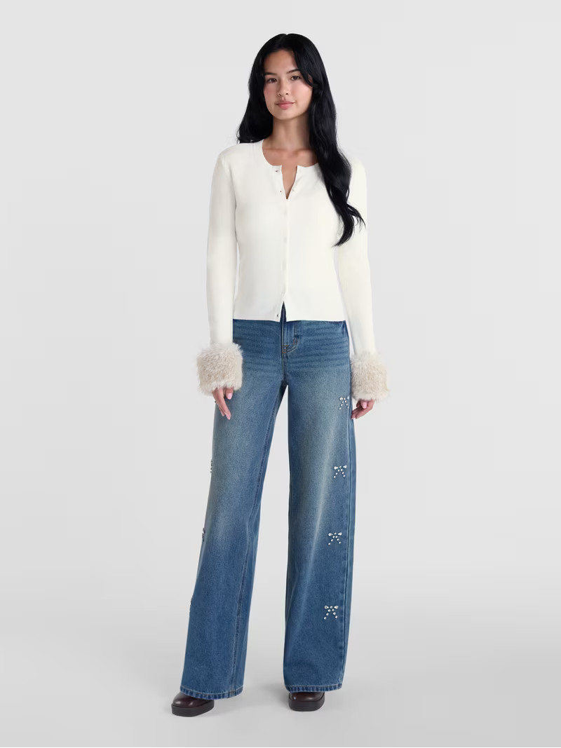Madden NYC Women's Cardigan with Faux Fur Cuffs, Lightweight, Sizes XXS-XXLMadden NYC Fur Trim Ca... | Walmart (US)
