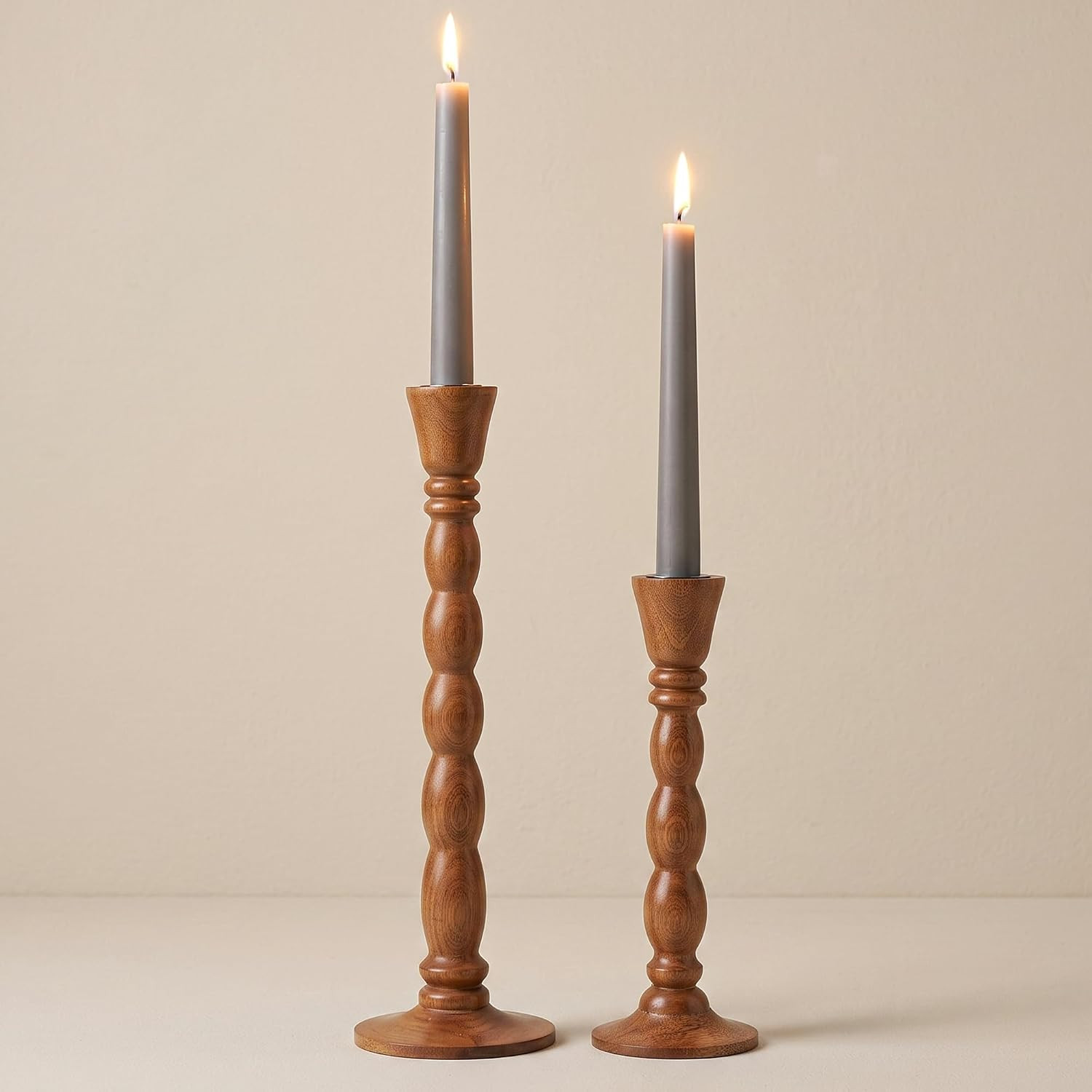Wooden Taper Candle Holders Set of 2, Tall Rustic Brown Candlesticks | Amazon (US)