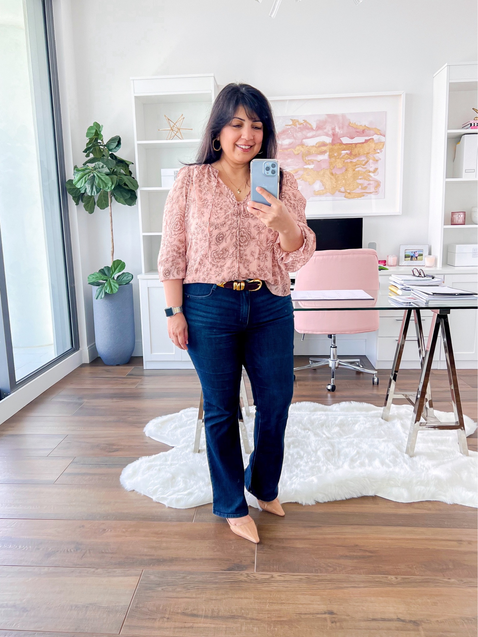 This pretty pink top is on sale for under $25 + free shipping today! Love the colors and print in this lightweight, flowy top for fall! Wearing it here in size large petite. Wit and Wisdom bootcut jeans size 12 petite. Madewell belt size large. Sam Edelman slingback heels true to size. Kendra Scott gold hoop earrings. Electric Picks necklace. Great fall outfit for workwear or casual wear! 

#LTKCyberWeek #LTKSeasonal #LTKSaleAlert