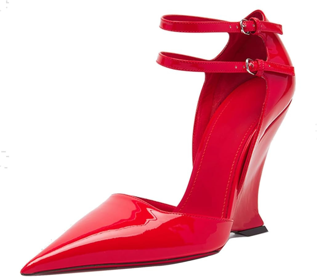 Goolita Pointed Closed Toe Wedge Heels For Women, Sexy Patent Leather Buckle Strap Office Dress P... | Amazon (US)