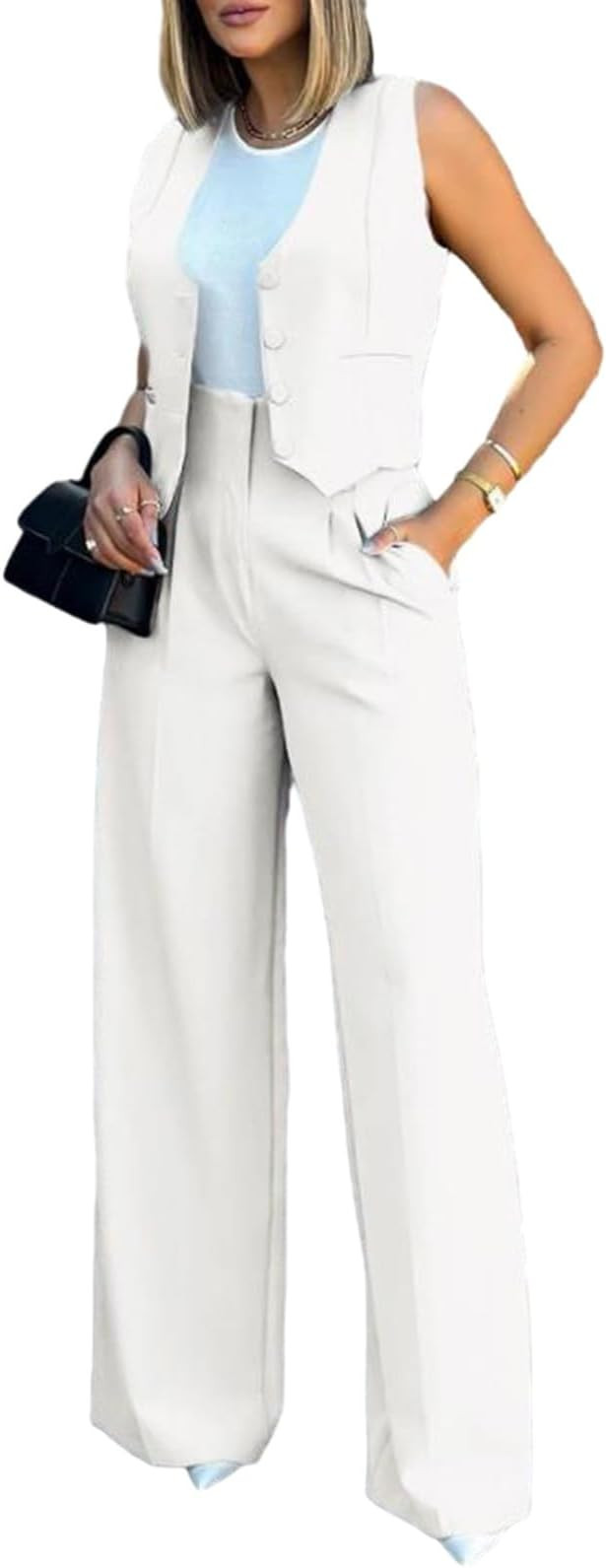 Office Wear Trousers Women Vest Wide Leg Pants with Sleeveless Solid Color High Waist Elegant Lad... | Amazon (US)